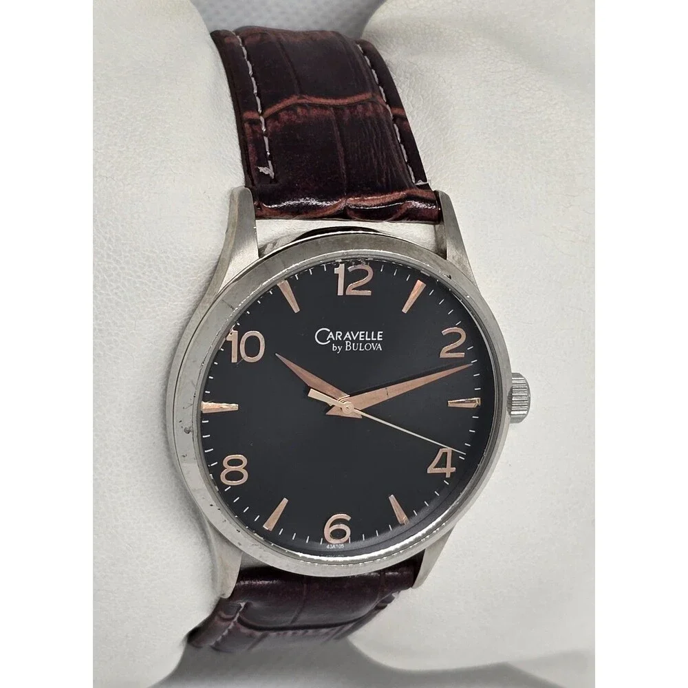 Men's Caravelle New York by Bulova Black Dial Brown Leather Strap Watch 13